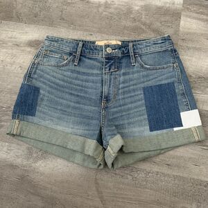 Hollister Womens High Rise Boyfriend Shorts Blue Jean Size 7 W28 Cuffed Patches